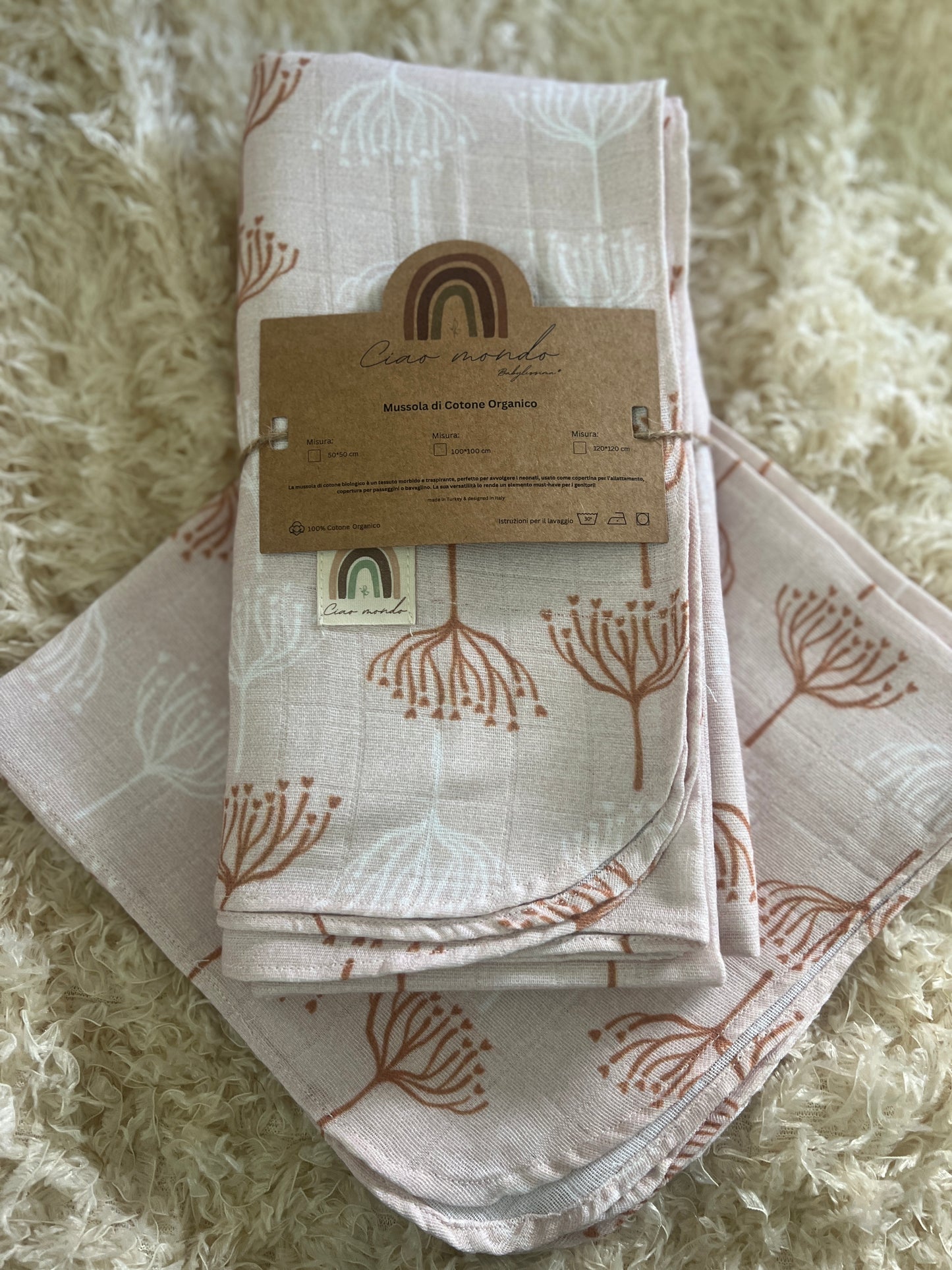 Copertina in mussola 120×120 cm con muscolina coordinata 50×50 cm