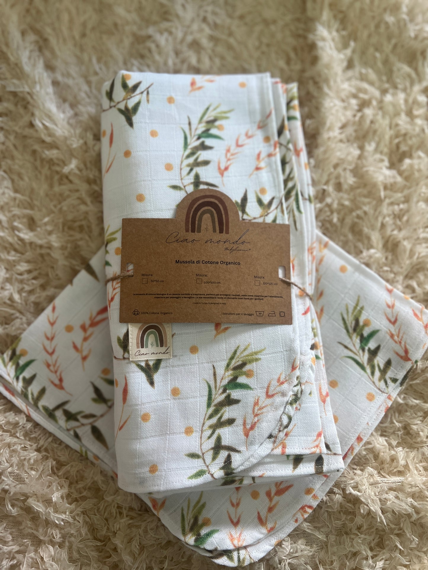 Copertina in mussola 120×120 cm con muscolina coordinata 50×50 cm
