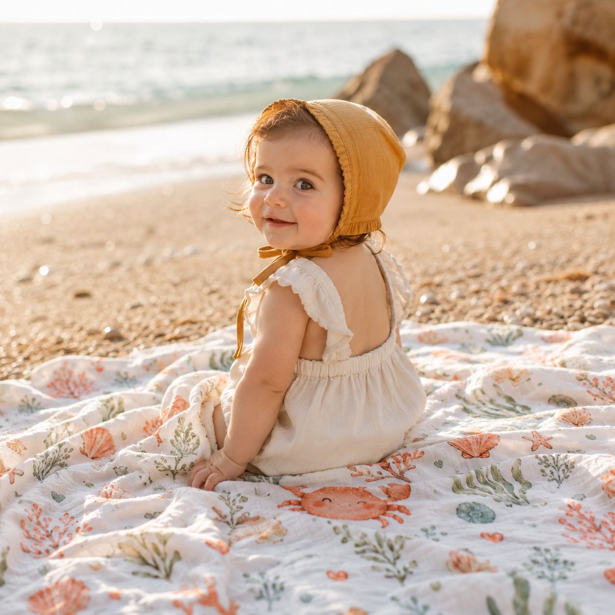Bonnet in mussola con visiera