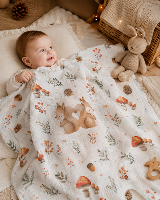 Set Mussola Autunnale “Scoiattolini” – 120x120 cm + 2 Mini Mussole 30x30 cm