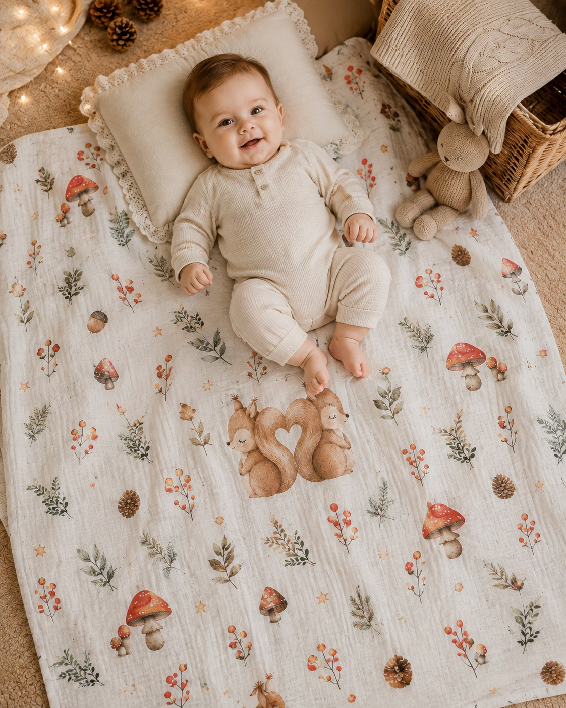 Set Mussola Autunnale “Scoiattolini” – 120x120 cm + 2 Mini Mussole 30x30 cm