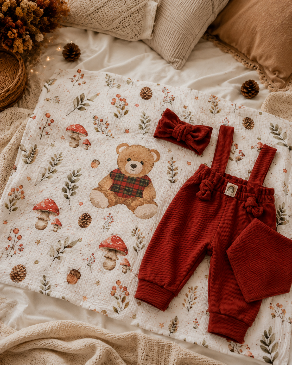 Set Mussola Autunnale “Orsacchiotto” – 120x120 cm + 2 Mini Mussole 30x30 cm